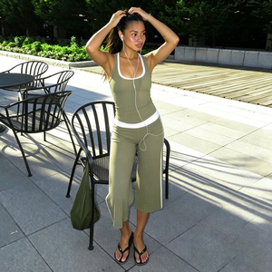 ชุดออกกำลังกายฤดูร้อนแบบสองชิ้นสำหรับผู้หญิง เสื้อกล้ามคอผูกโบว์แบบไม่มีแขน + กางเกงขายาวทรงตรงแบบหลวม ผ้าถัก - Product Image 2