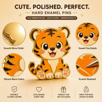 Badge de revers en émail dur motif Tigre de dessin animé mignon et fruit, design Kawaii personnalisé, finition miroir lisse, plaqué or, vente en gros, logo