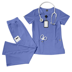 Conjunto de Uniformes Médicos de Manga Corta que Absorben la Humedad para Enfermeras con Cuello en V, Uniformes de Enfermería con Múltiples Bolsillos y Cintura Elástica - Product Image 1