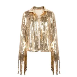 Высококачественная Женская Блестящая Золотая Серебряная куртка с кисточками