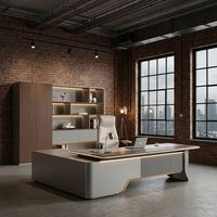 Ensemble de mobilier de bureau exécutif minimaliste, grand bureau de direction contemporain avec panneau lumineux unique et placage en noyer