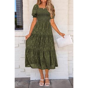 Robe midi décontractée pour femme été 2025 personnalisée, col carré, manches courtes, smockée, motif floral élégant, style bohème pour la journée - Product Image 4