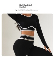 Ensemble de vêtements de sport pour femmes, haut de yoga à manches longues avec bordure rayée personnalisée et leggings taille haute, 2 pièces