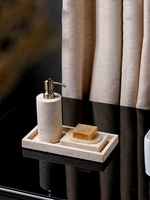 STONEKOCC Wabi Sabi Plateau en marbre naturel et travertin, Flacon de désinfectant pour les mains, Boîte à mouchoirs, Distributeur de savon, Ensemble de salle de bain