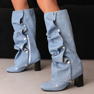 Metal Rivets Loose Pleated Upper Shoes Chunky Heels Square Toe Denim Long <b>Boots</b> Women's Big Size 48 Wide Fit Knee High Booties - Product Image 1