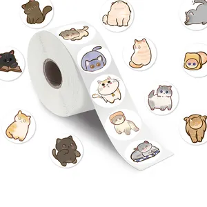定制200件卡通水墨小猫卷贴标签圆形防水聚氯乙烯不干胶可打印猫动物贴纸
