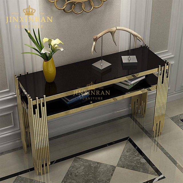 Modern Luxury Black Living Room Console Table with Golden Stainless Steel Frame and Sintered Stone Top for Villa & Hotel Use