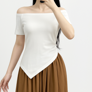 Haut en coton de style coréen pour les femmes Slim Fit Summer Shirt avec fronces latérales et col bateau HOT Products - Product Image 5