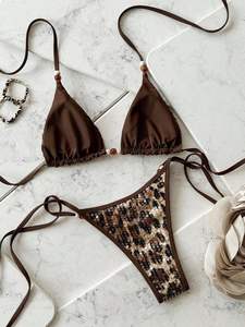 Viviblook Z0124ST Nouvel ensemble de maillot de bain sexy imprimé léopard avec sequins, soutien-gorge à lacets et string, maillot de bain de plage sexy - Product Image 4