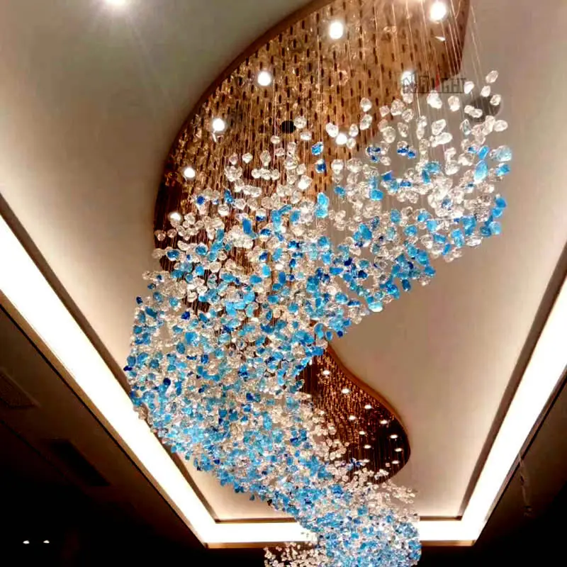 Custom Hotel vidro decorativo pedras teto luz LED lustre para areia grande mesa departamento vendas lâmpada pingente