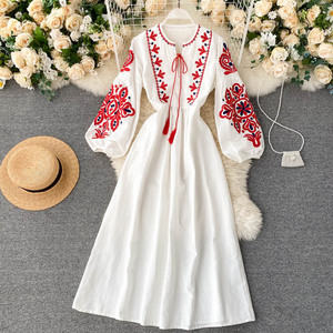 Women <strong>White</strong> <strong>Red</strong> <strong>Blue</strong> Tribal Floral Embroidered Long Sleeve Tie Waist Boho Maxi <strong>Dress</strong> Vintage Ethnic Style Flowy Bohemian <strong>Dress</strong> - Product Image 1
