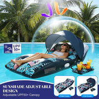 Bouée gonflable en forme de S à motif forêt tropicale avec auvent pare-soleil, dossier et porte-gobelets, radeau flottant pour l'eau