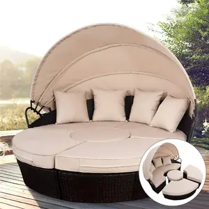 Yuvarlak açık bahçe Rattan hasır veranda yüzme havuzu Daybed yastıkları ile mobilya