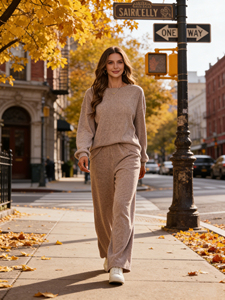 <span class=keywords><strong>Ensemble</strong></span> <span class=keywords><strong>de</strong></span> sport 2 pièces personnalisé pour <span class=keywords><strong>femme</strong></span>, haut à manches longues col rond et <span class=keywords><strong>pantalon</strong></span> décontracté à jambes larges en coton tricoté épais – Vente en gros - Product Image 4