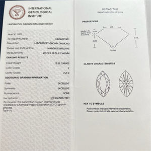 メッシジュエリー 0.5カラット 1カラット 2カラット 3カラット マーキスカット ホワイト Dカラー VS1 VVS1 ルース HPHT CVD ダイヤモンド IGI認定ラボグロウンダイヤモンド - Product Image 6