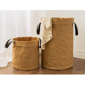 Custom Washable Kraft Paper Laundry Pack Hamper Collapsible Large Clothes Toys Basket With Easy Carry Pu Handles