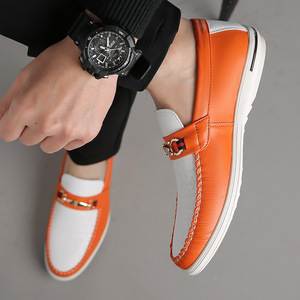 Mocassins en cuir orange pour hommes, bout rond, doublure en mesh, semelle EVA, respirants, à enfiler, chaussures décontractées d'automne - Product Image 3