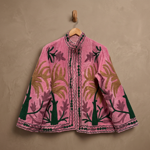 Chaqueta Rosa Bordada a Mano con Flores, Cuello Mandarín, Manga Larga, Algodón, Estilo Étnico Bohemio para Mujer, Chaqueta Suzani de Otoño - Product Image 1