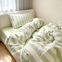 Parure de lit 4 pièces en coton lavé à rayures, confortable, douce pour la peau, housse de couette chaude, drap et taies d'oreiller, pour la maison et l'hôtel, personnalisable