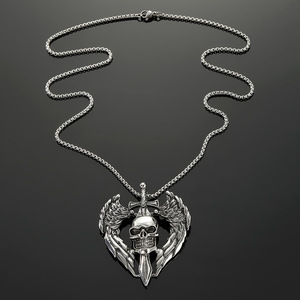 Collar con Colgante de Corazón y Alas de Calavera Retro, Aleación de Zinc Plateada, Joyería de Moda Unisex - Product Image 1