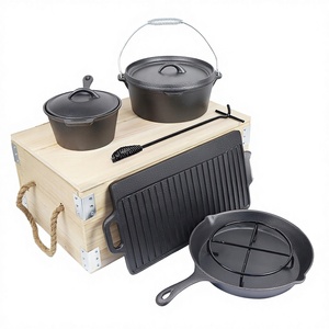 Ensemble de vaisselle de camping et de pique-nique en fonte pour l'extérieur avec boîte en bois pour cuisson/friture/plat à frire - Product Image 1