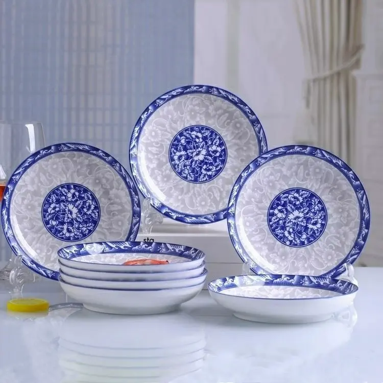 Trắng/Xanh Châu Á Trung Quốc Melamine Bộ Đồ Ăn Với Đĩa Và Bát