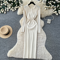 Robe midi en tricot à manches longues pour femme, robe élégante à col, robe moulante pour le bureau en automne