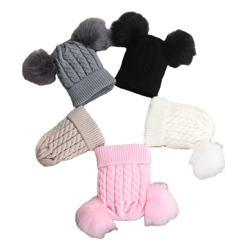 Gorro con pompón doble de piel sintética para niños, gorros tejidos de ganchillo para bebé, niña y niño, sombrero de punto de invierno con pompón Doble