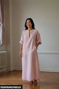 Women's Pink <b>Kaftan</b> Short Sleeve V-Neck Maxi Gown Dress Regular Fit Linen/Cotton Eco-Friendly Breathable A-Line Silhouette <b>Beach</b> - Product Image 5