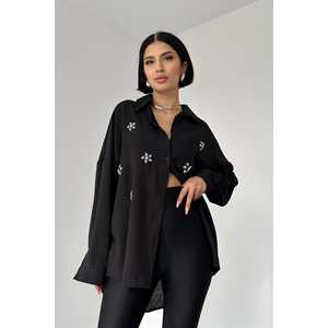 Camisa Negra Asimétrica con Botones para Mujer, Blusa Casual de Popelina para Uso Diario - Product Image 4