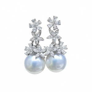 Pendientes de Perlas de Oro Blanco E3881 con Diamantes de Corte Marquesa, Joyería de Lujo para Mujer para Bodas - Product Image 1