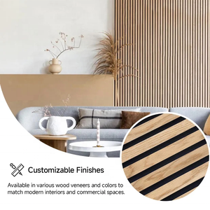 Panneau acoustique en bois à lattes avec finition mélamine, Akupanel, fibre de polyester, dos en feutre noir, utilisation hôtelière, design 3D, NRC 1.0 - Product Image 4