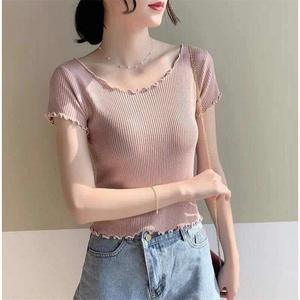 Vente en gros hauts courts unis débardeur fitness t-shirt été mince col feuille de lotus oreille en bois taille haute femmes haut court - Product Image 5