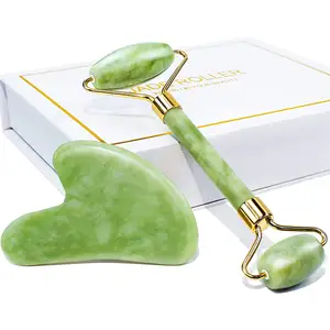 Anti Aging Massage jade roller green and Gua Sha of Cosmetics Face Skin Roller Set jade roller facial massager for neck and face