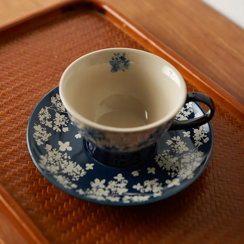 Siyue 220Ml Blauw Plantontwerp Vintage Kantoorpaar Dagelijks Gebruik Keramische Koffie Thee Cup Mok Set Groothandel 2683