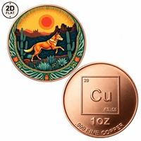 Pièce de monnaie en cuivre pur 999 de 1 once, personnalisée en gros, avec motif renard en course, coucher de soleil dans le désert, cactus et montagnes, objet de collection