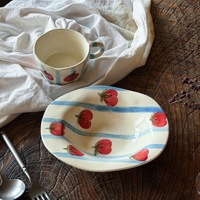 Assiette en céramique Blue Mist Persimmon, rayures bleu clair, irrégulière, façonnée à la main, tasse à café, assiette à fruits profonde elliptique