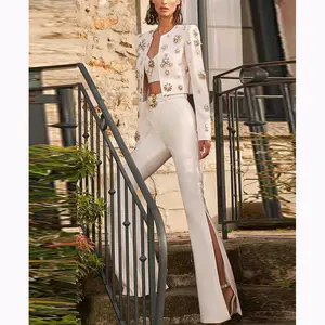 SR2251 белый роскошный элегантный комплект с кристаллами формальная Деловая одежда облегающий костюм для брюк осенний модный костюм из двух предметов