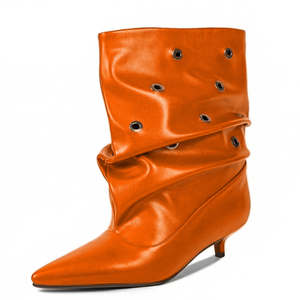 Piled Pleated <b>Ankle</b> Boots Low Heels Dress Stiletto Women Metal Circle Shoes Baggy Styles on Short <b>Booties</b> - Product Image 2