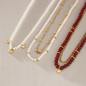 Collana a strati J&D in acciaio inossidabile placcato oro 18 carati con perline, agata rossa, perle sintetiche e ciondolo CZ, regolabile, stile vintage boho elegante, <span class=keywords><strong>gioielli</strong></span> da donna - Product Image 1
