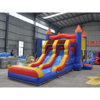 Château gonflable classique bleu, rouge et jaune avec toboggan, maison de saut commerciale pour enfants, idéal pour les anniversaires, les carnavals et la location.