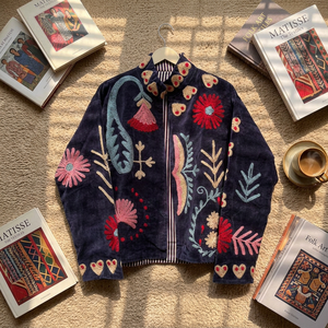 Suzani Embroidered <b>Velvet</b> Bomber <b>Jacket</b> Handmade Boho Floral Embroidery Navy Blue 100% Cotton Breathable for <b>Women</b> - Product Image 1