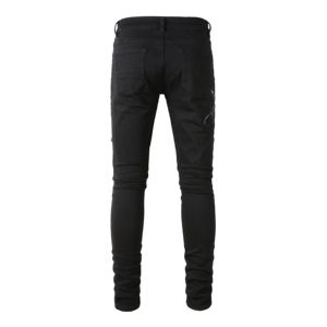 Jeans <span class=keywords><strong>Uomo</strong></span> Slim Fit Effetto Vissuto con Ricamo Serpente Nero <span class=keywords><strong>Elasticizzati</strong></span> Strappati Impilati <span class=keywords><strong>Pantaloni</strong></span> Invernali in Denim Stile Vintage Hip Hop - Product Image 3
