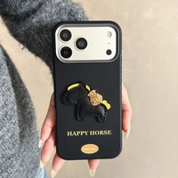 Étui de téléphone portable en cuir PU motif cheval de dessin animé mignon pour iPhone 17 Pro Max 16 15 14 Plus, coque arrière en TPU PC texturé lin