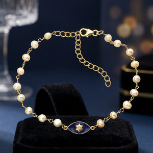 Bracelet chapelet en argent sterling 925 plaqué or avec breloque étoile en perle d'Inde et pierre de zircon émaillée bleue, collection Silver Export House - Product Image 3