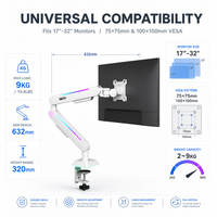 Support de bureau pour moniteur unique à ressort mécanique RGB 33 modes avec contrôle tactile et télécommande pour configuration de bureau de jeu