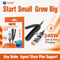 Câble de charge rapide WHALE 2-en-1 Modèle 240W 6A avec support, connecteurs USB Type-C, gaine tressée, 1,8 m pour téléphones mobiles iPhone