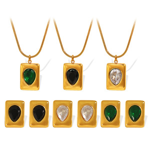 Elegante Juego de Collar Geométrico Verde Esmeralda, Acero Inoxidable, Chapado en Oro de 18K, Joyería de Fiesta para Mujer - Product Image 5