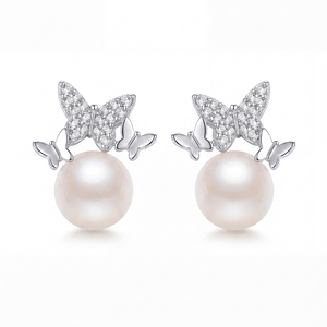S925 <b>Silver</b> CZ Butterfly Freshwater Pearl <b>Stud</b> Earrings Cute Elegant Jewelry Gift for Women Girls - Product Image 1