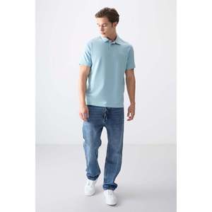 T-shirt basique pour homme en coton bleu clair, épais, doux, texturé, col polo, coupe ample - 88381 - Bleu clair - Product Image 2